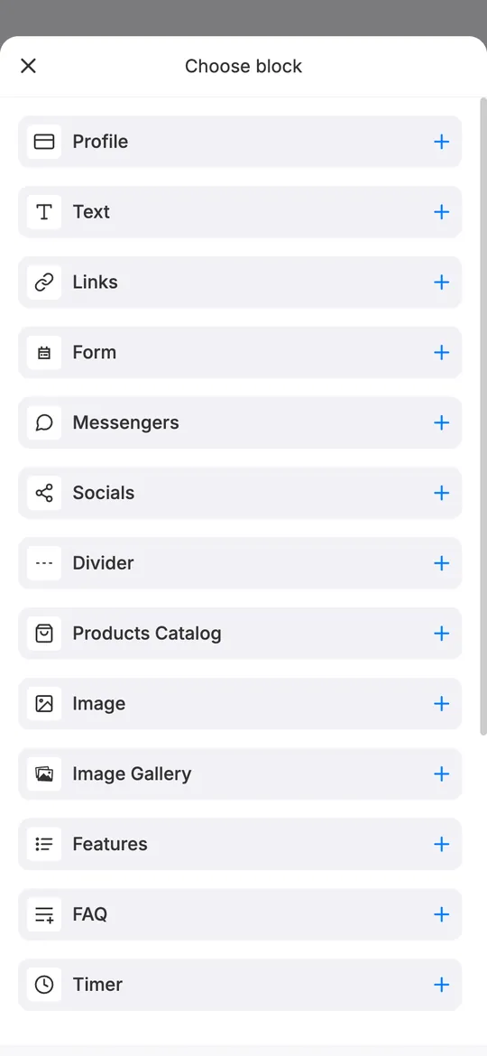 mssg.me block library: Profile, Text, Links, Form, Messengers, Socials, Divider, Products Catalog, Image, Image Gallery, Features, FAQ, Timer