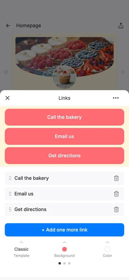 mssg.me Links block settings with three buttons: Call the bakery, Email us and Get directions
