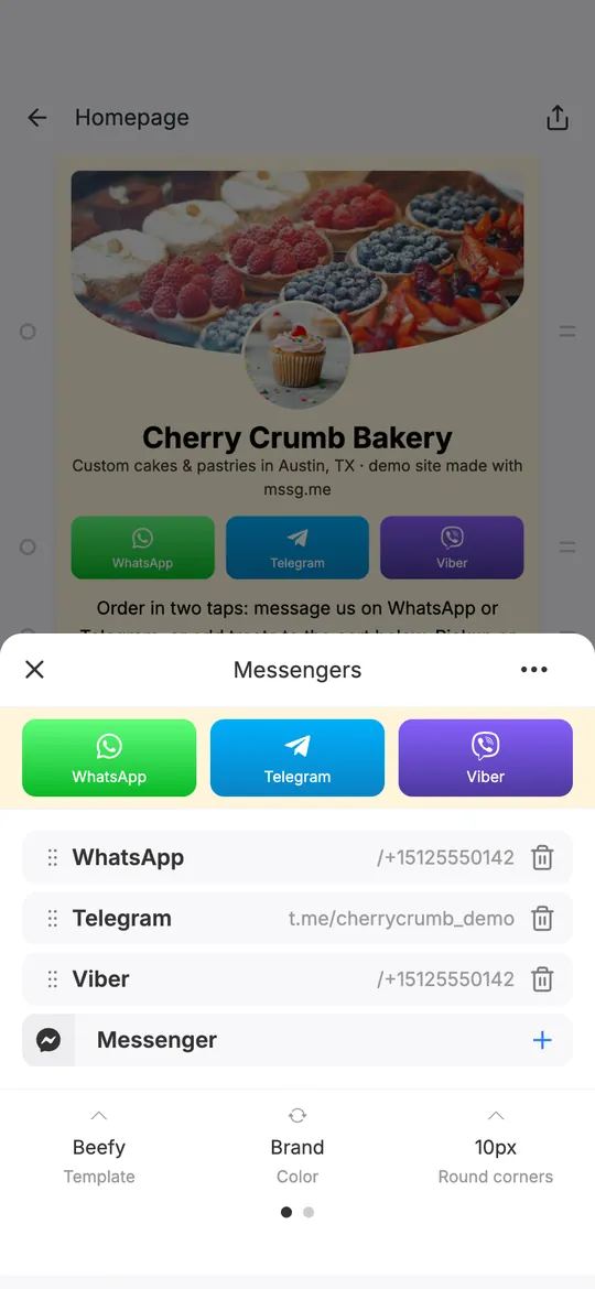 mssg.me Messengers block settings with WhatsApp, Telegram and Viber added and brand colors turned on