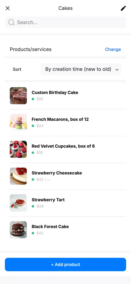 mssg.me collection called Cakes with four products and a sort order setting
