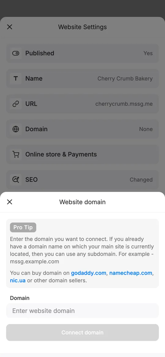 mssg.me custom domain settings with a field for your domain and tips on where to buy one