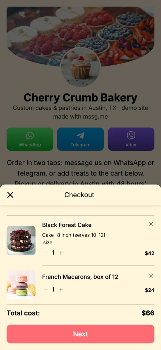 Cart on an mssg.me site with a Black Forest Cake in the 8 inch size and a box of macarons, total $66