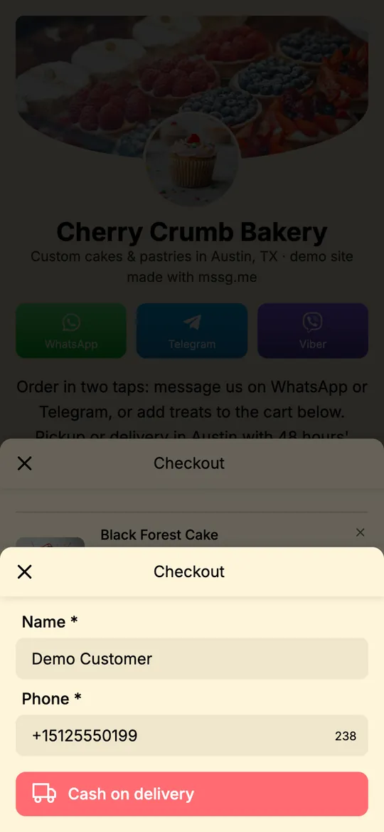mssg.me checkout form with name and phone fields and a Cash on delivery button