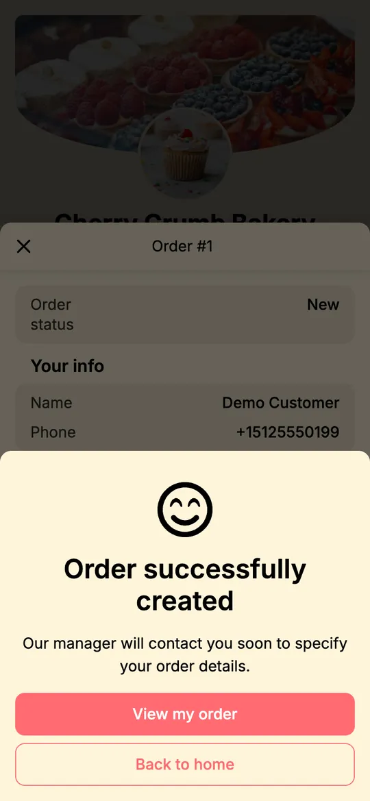 Order successfully created screen on an mssg.me site with View my order and Back to home buttons