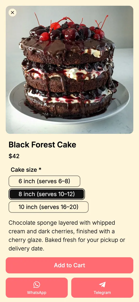 Product page on an mssg.me site: Black Forest Cake, $42, a cake size choice, Add to Cart and WhatsApp and Telegram buttons