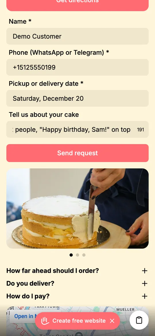Request form on an mssg.me page with name, phone, pickup date and cake description filled in