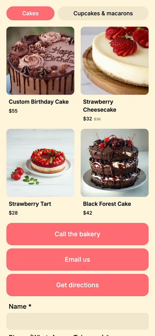 Product catalog on an mssg.me page with Cakes and Cupcakes tabs, cake photos and prices, including a discounted price