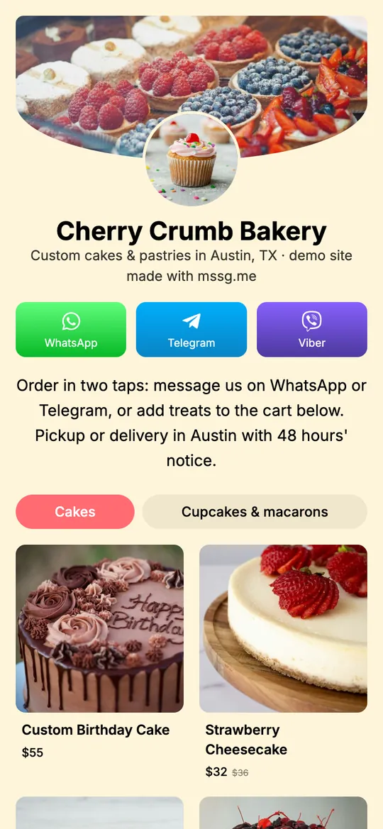 mssg.me demo site for a bakery: cover photo, logo, WhatsApp, Telegram and Viber buttons, and the start of a cake catalog