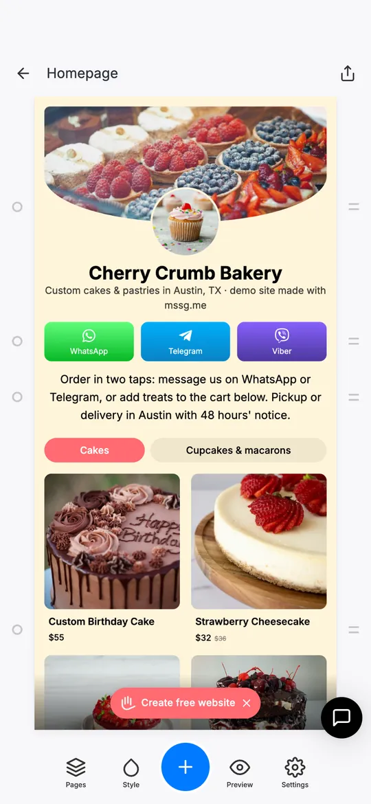 mssg.me editor on a phone: the page preview with Pages, Style, Add block, Preview and Settings buttons at the bottom