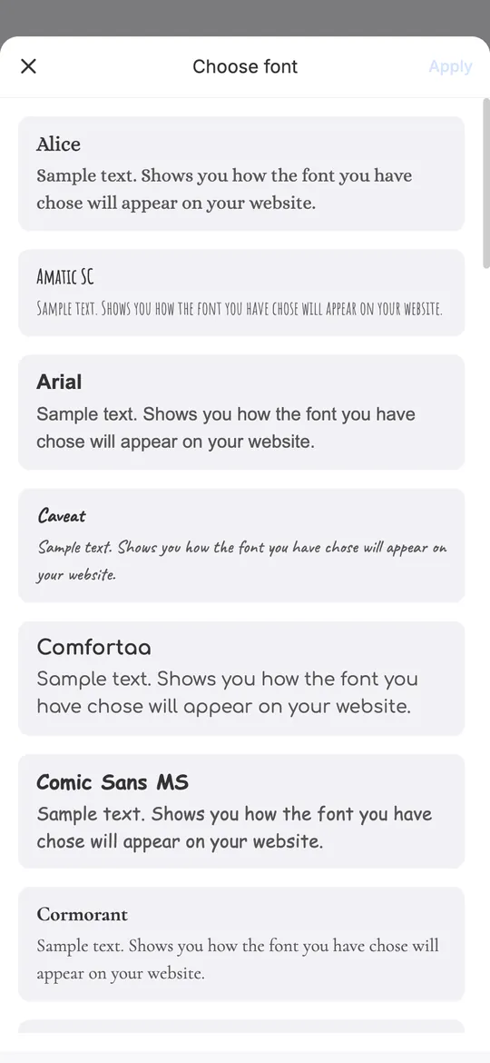 mssg.me font picker with font samples: Alice, Amatic SC, Arial, Caveat, Comfortaa, Comic Sans MS
