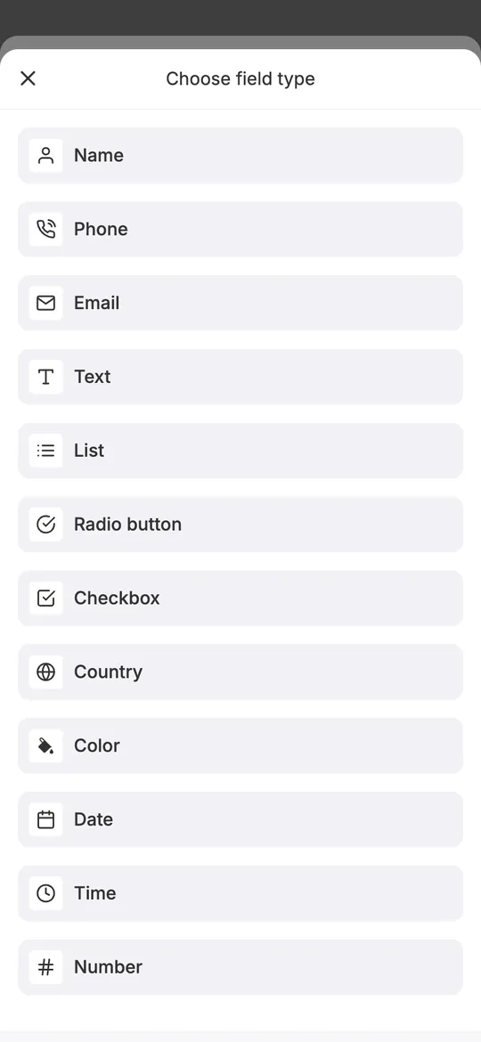 mssg.me form field types: Name, Phone, Email, Text, List, Radio button, Checkbox, Country, Color, Date, Time, Number
