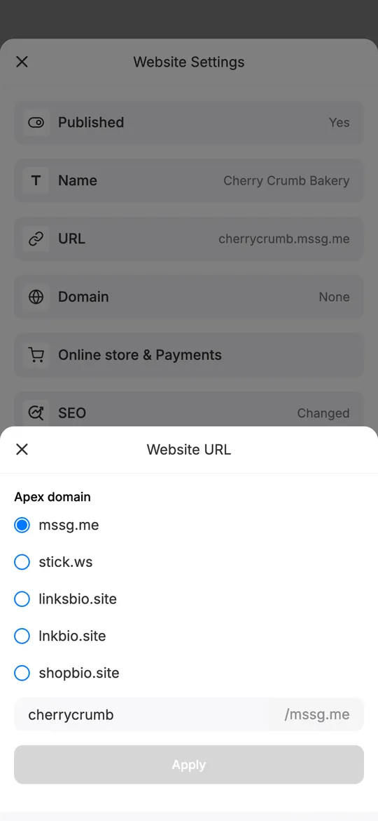 mssg.me website address settings with five free domains: mssg.me, stick.ws, linksbio.site, lnkbio.site and shopbio.site