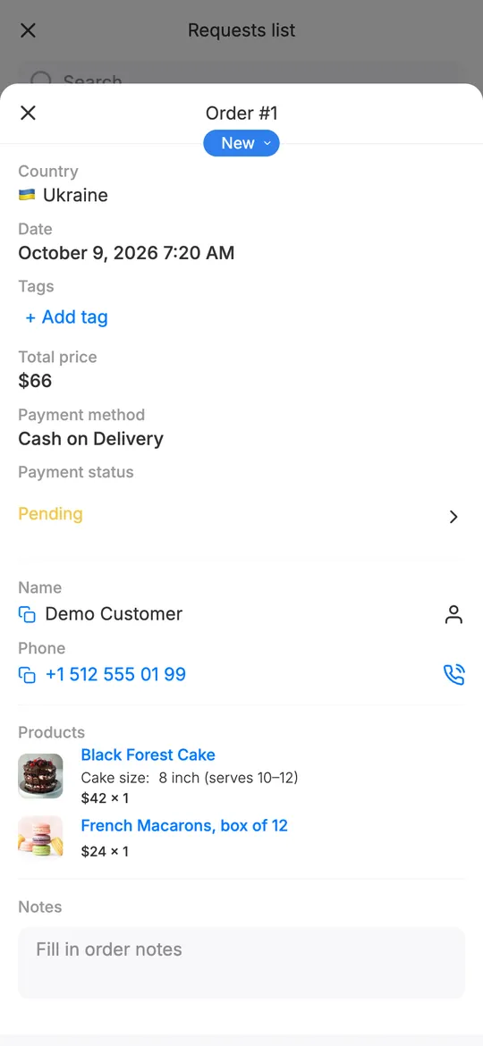 An order in mssg.me Requests: total $66, cash on delivery, payment pending, customer details and the ordered products