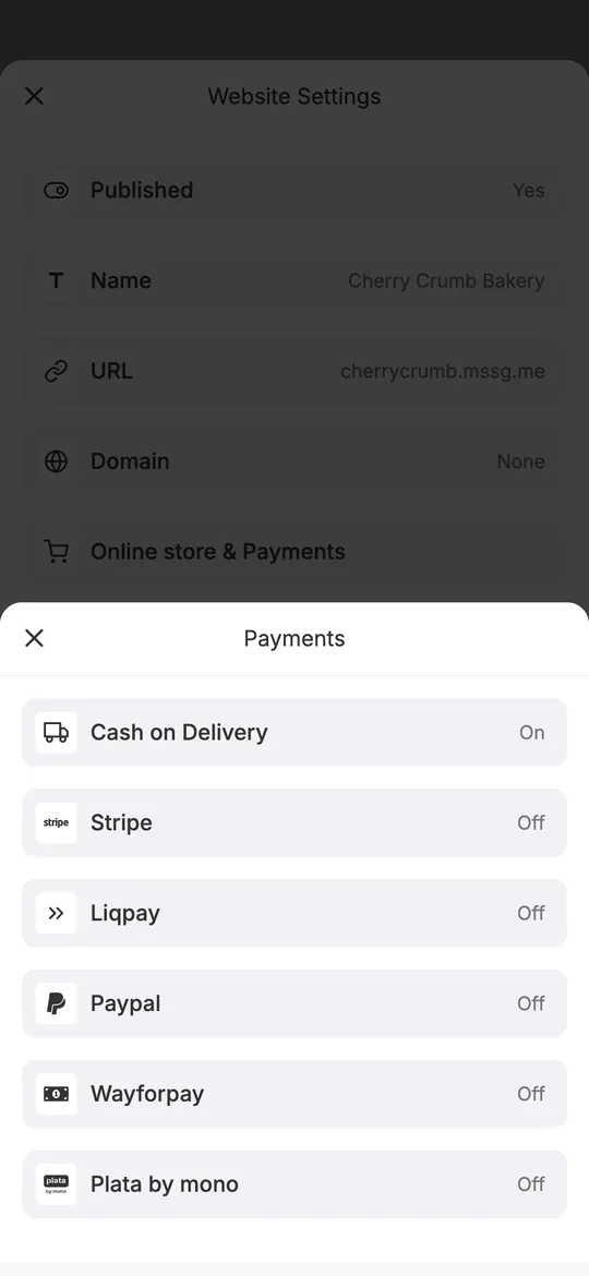 mssg.me payment methods: Cash on Delivery, Stripe, LiqPay, PayPal, WayForPay and Plata by mono