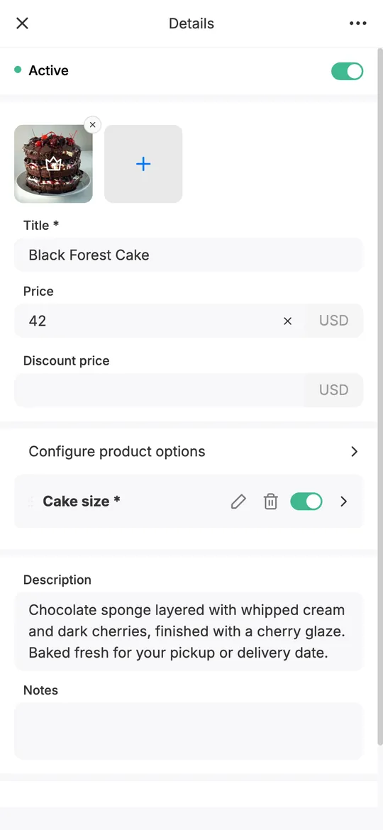 mssg.me product editor: photo, title, price, discount price and a Cake size option