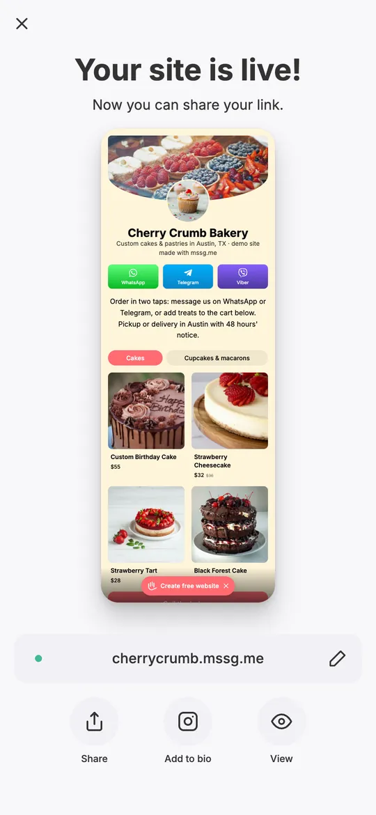 mssg.me screen after publishing: Your site is live, with the page address and Share, Add to bio and View buttons