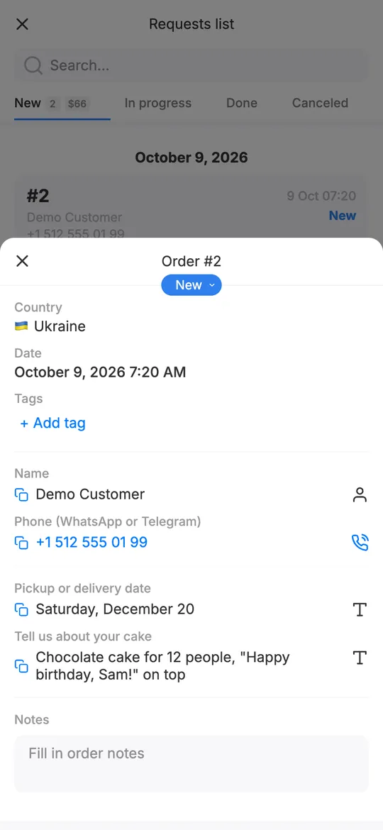 A form submission in mssg.me Requests: status New, country, date, tags, the visitor's answers and a notes field