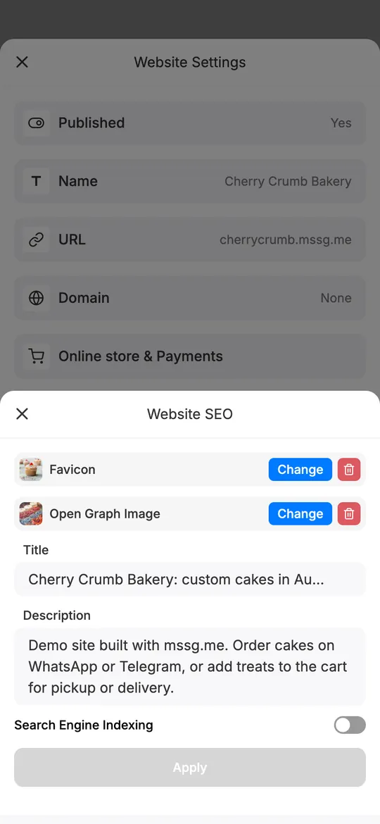 mssg.me SEO settings: favicon, Open Graph image, title, description and a search engine indexing switch