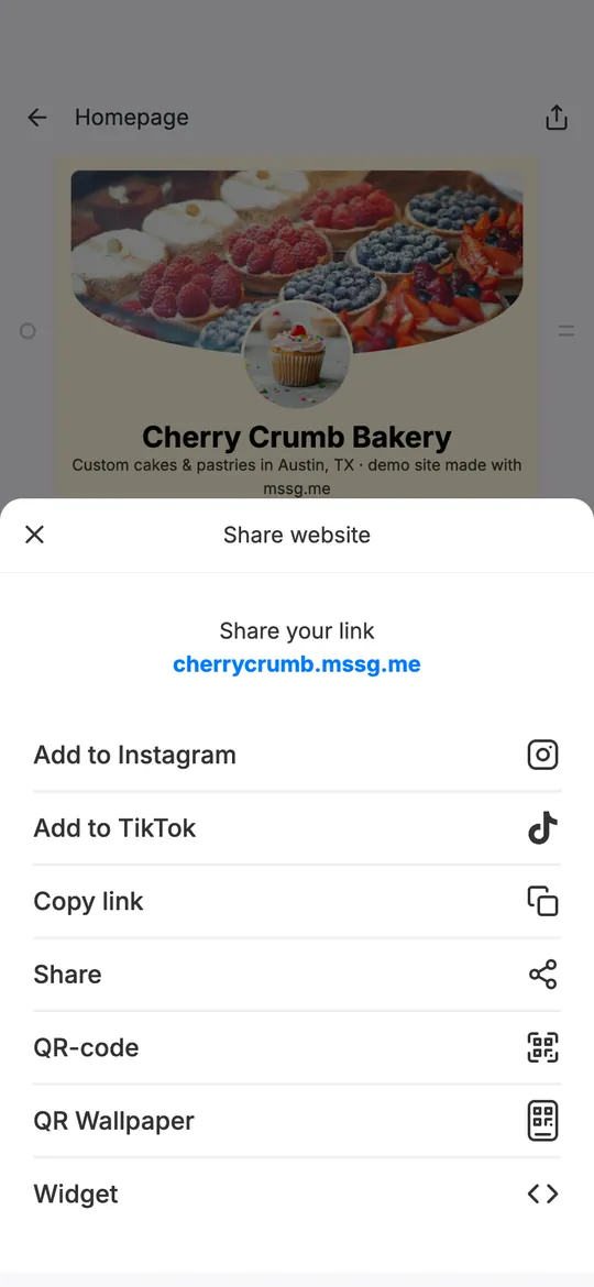 mssg.me Share menu: Add to Instagram, Add to TikTok, Copy link, Share, QR-code, QR Wallpaper and Widget