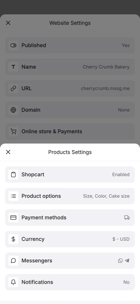 mssg.me store settings: shopping cart, product options, payment methods, currency, messengers and notifications