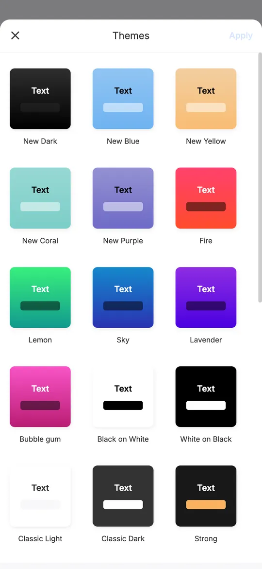 mssg.me theme picker with color theme previews such as New Dark, New Blue, Fire, Lemon and Classic Light