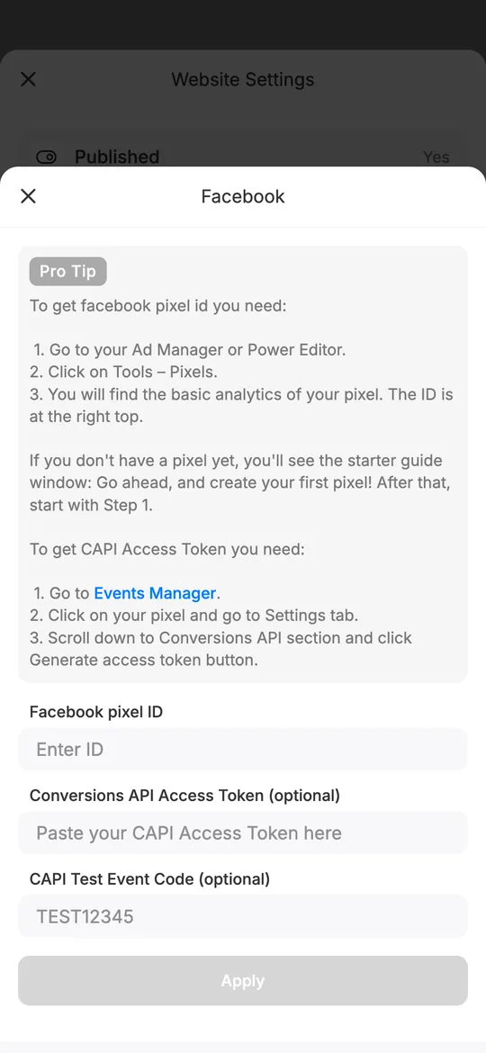 mssg.me Facebook settings with fields for the pixel ID, a Conversions API access token and a test event code